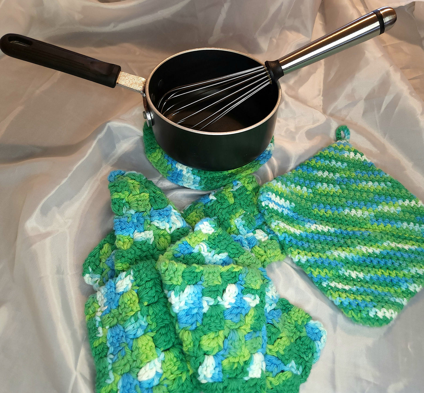 Handmade Crochet Dishcloths, Potholders, and Trivet Set